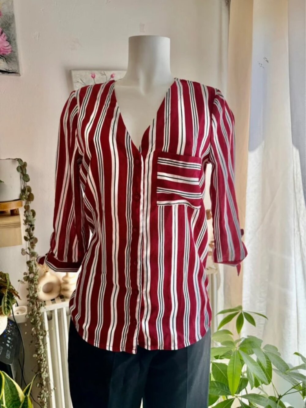 Jennyfer striped burgundy and white shirt blouse with pocket – size S